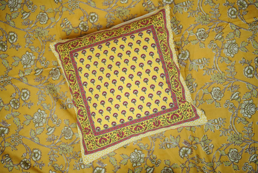 Mustard Floral Buti Hand Block Printed Cotton Cushion Covers (Set of 5)
