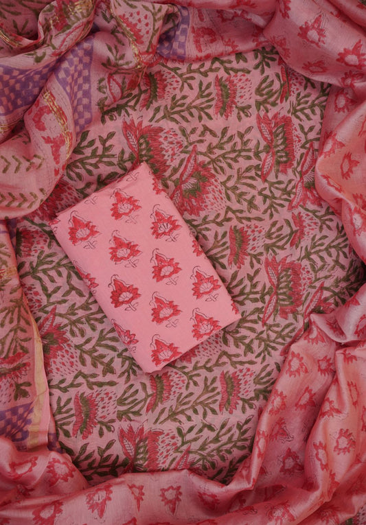 Hand Block Printed Chanderi Suit Set with Jaal Print & Blossom Buti Bottom