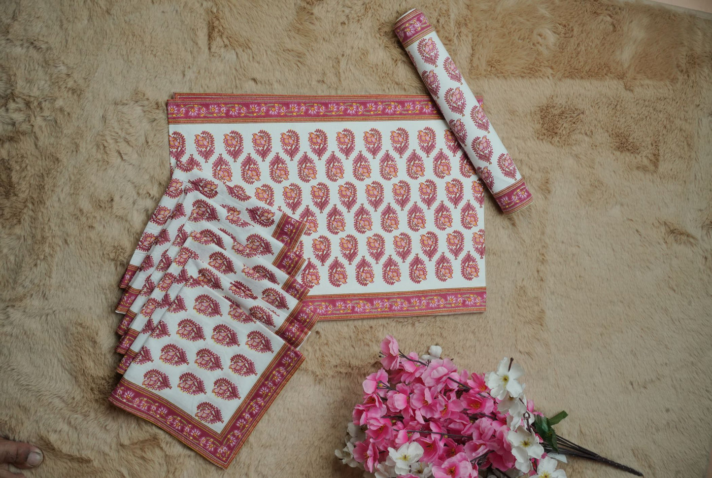Rose Paisley Hand Block Printed Cotton Table Linen Set (13 Pieces)