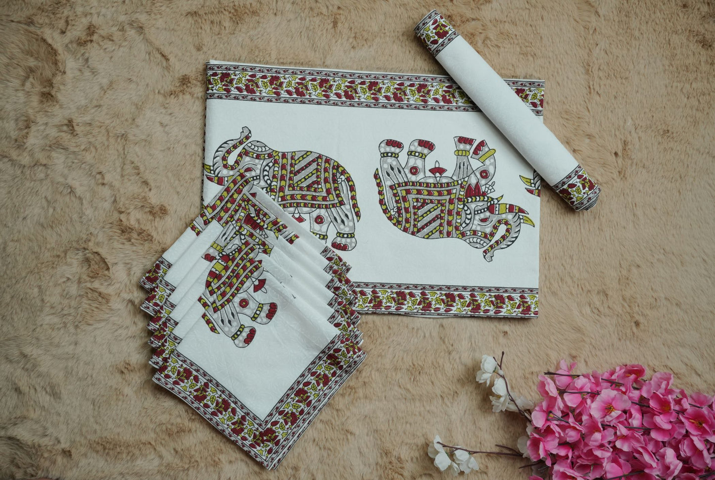 Maroon & Yellow Haathi Print Table Linen Set