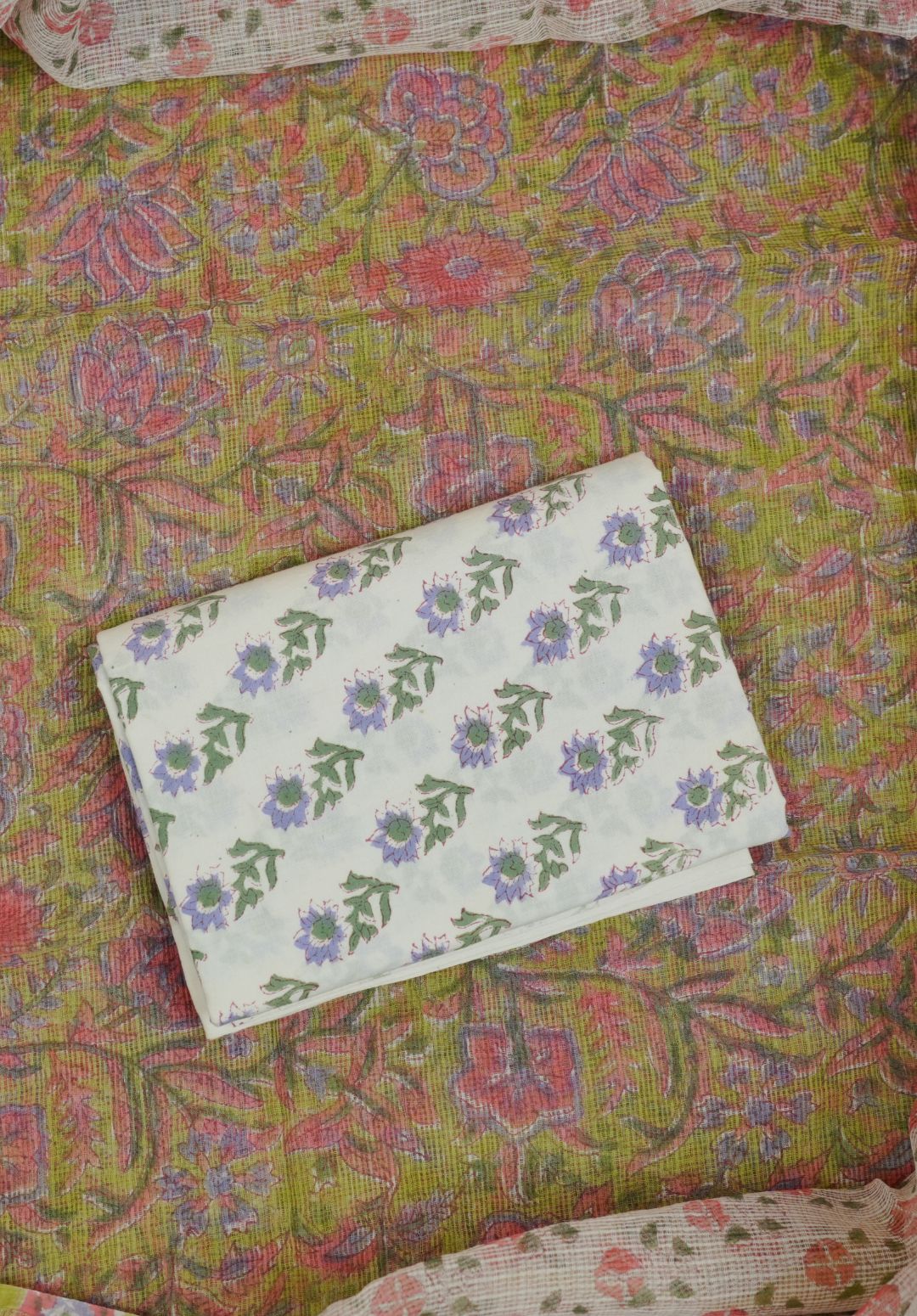 Olive Hand Block Printed Kota Doria Suit Set