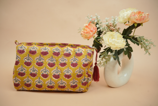 Honey Yellow Hand Block Printed Quilted Travel Pouch Set (Pack of 3)