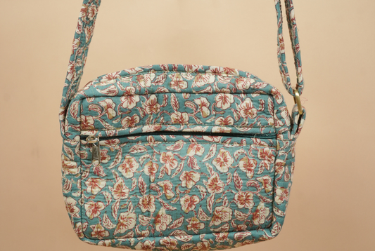 Teal Blue Hand Block Printed Quilted Sling Bag with Shoulder Strap