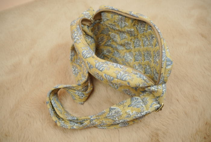 Honey Mustard Mughal Floral Hand Block Printed Quilted Sling Bag with Wide Shoulder Strap