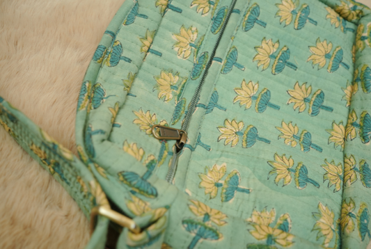 Mint Green Floral Buti Hand Block Printed Quilted Sling Bag with Wide Shoulder Strap