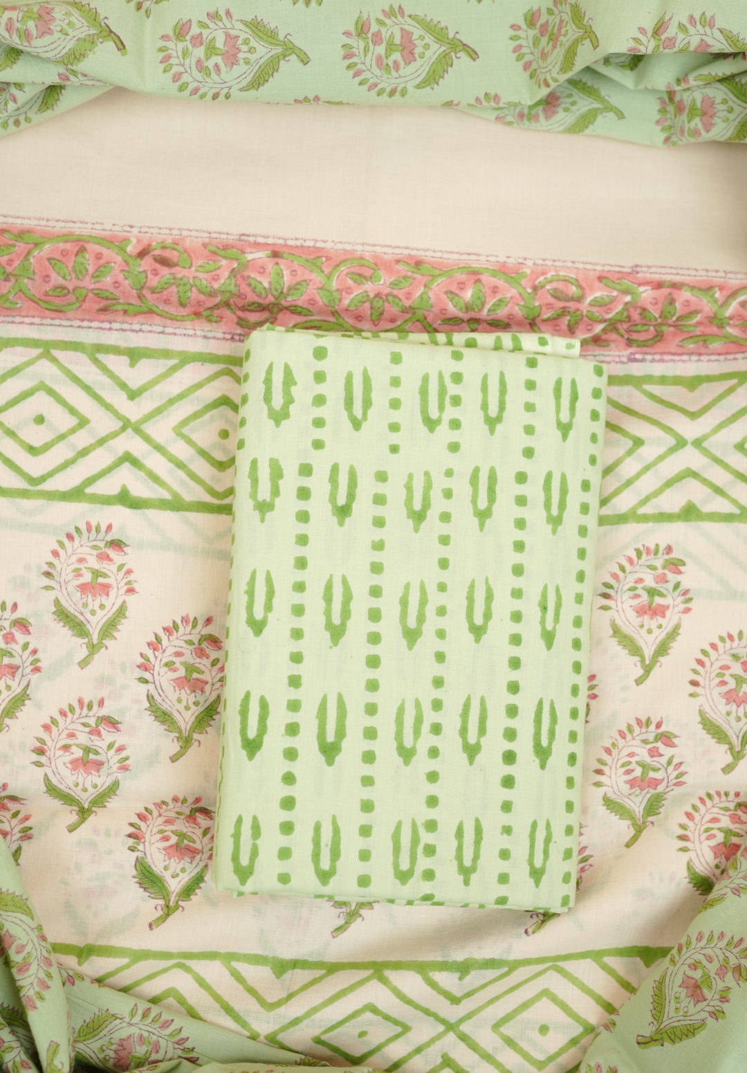Pistachio Green Hand Block Printed Cotton Suit Set (3-Piece)