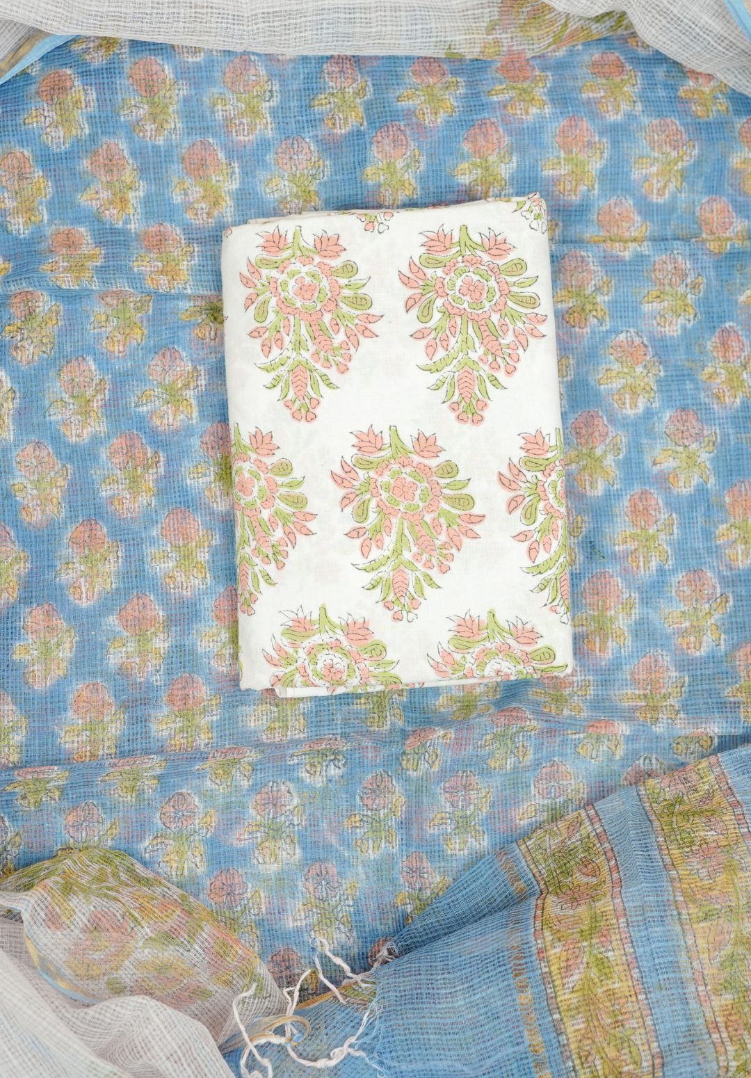 Vibrant Blue Kota Doria Hand Block Printed Suit Set with Zari Border Dupatta