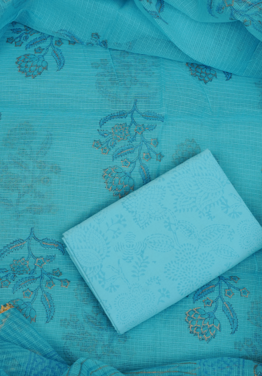 Aqua Blue Kota Doria Hand Block Printed Suit Set with Zari Border Dupatta