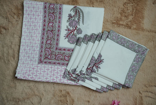 Hand Block Printed Table Cover with 6 Napkins
