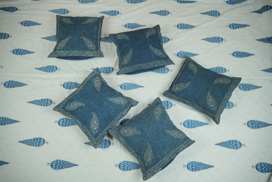 Indigo Paisley Hand Block Printed Cotton Cushion Covers (Set of 5)