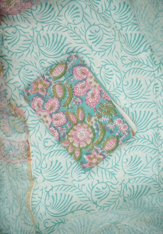 Powder Blue Hand Block Printed Cotton Suit Set with Kota Doria Dupatta