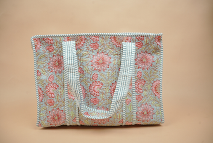 Teal Indigo Quilted Cotton Tote Bag (Floral Jaal Print)
