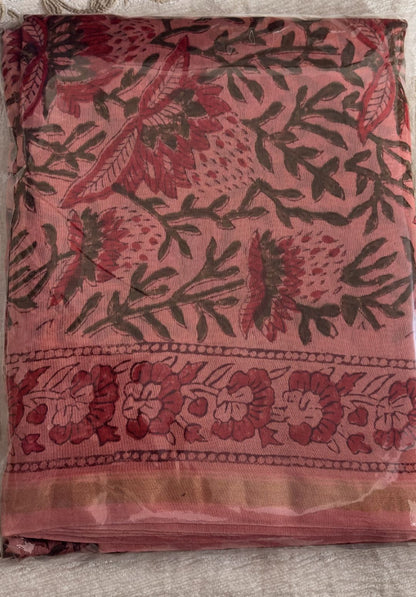 Hand Block Printed Chanderi Suit Set with Jaal Print & Blossom Buti Bottom
