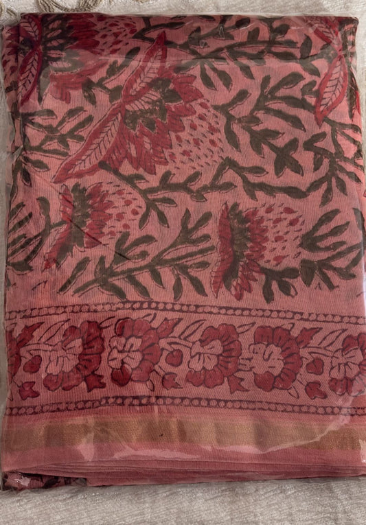 Hand Block Printed Chanderi Suit Set with Jaal Print & Blossom Buti Bottom