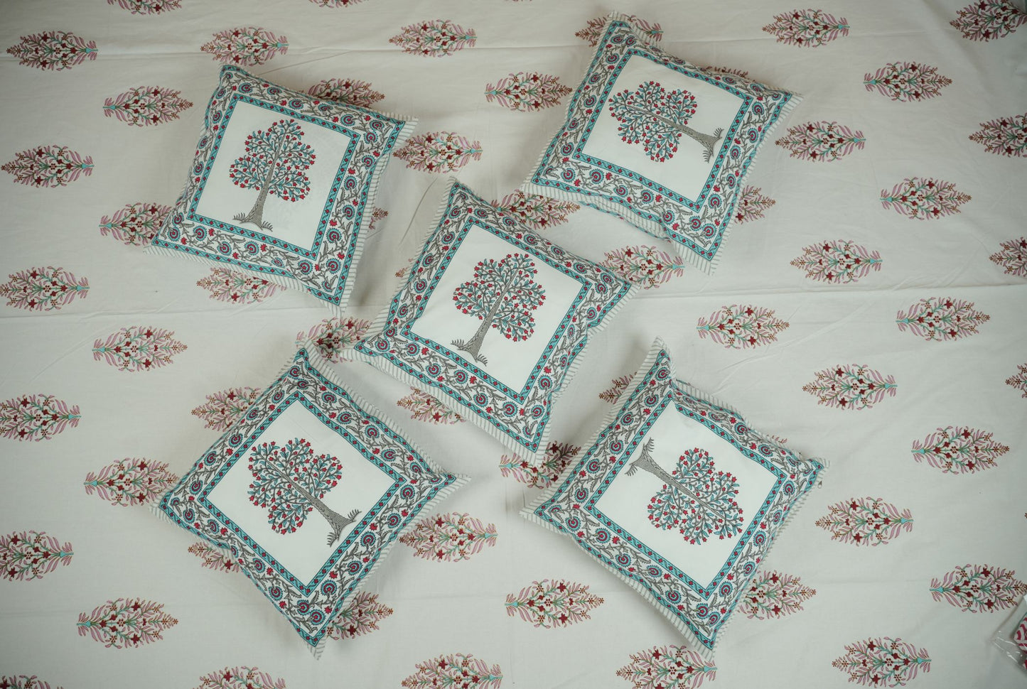 Tree of Life Hand Block Printed Cotton Cushion Covers (Set of 5)