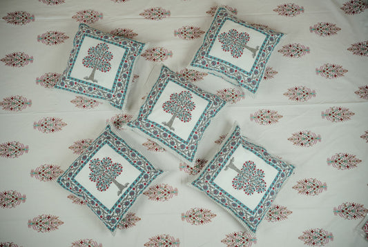 Tree of Life Hand Block Printed Cotton Cushion Covers (Set of 5)