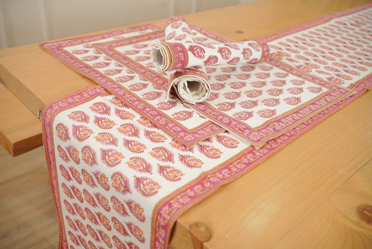 Rose Paisley Hand Block Printed Cotton Table Linen Set (13 Pieces)