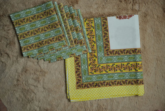 Yellow Mughal Buta Table Cover Set with 6 Napkins
