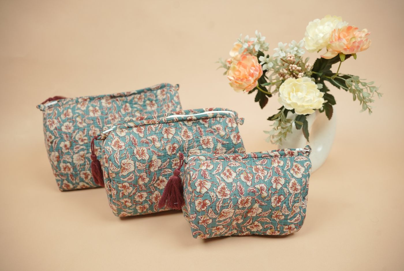 Teal Blue Quilted Cotton Travel Pouch Set (Set of 3)