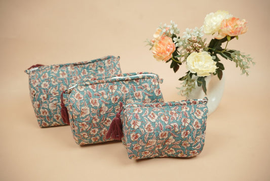 Teal Blue Quilted Cotton Travel Pouch Set (Set of 3)