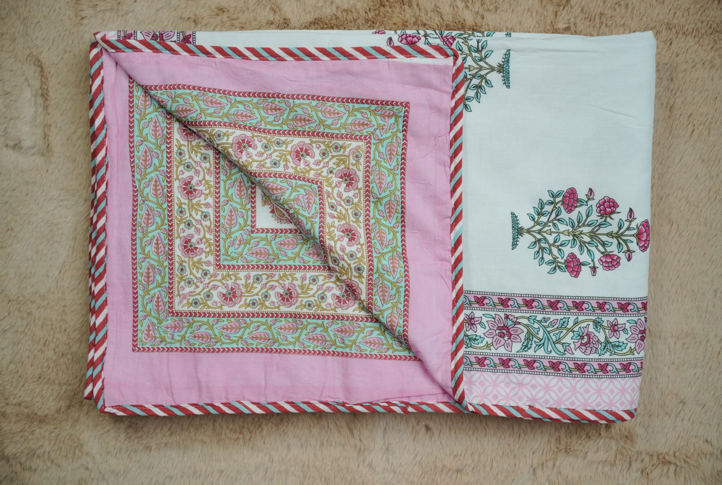 Pink Hand Block Printed Reversible Single Dohar