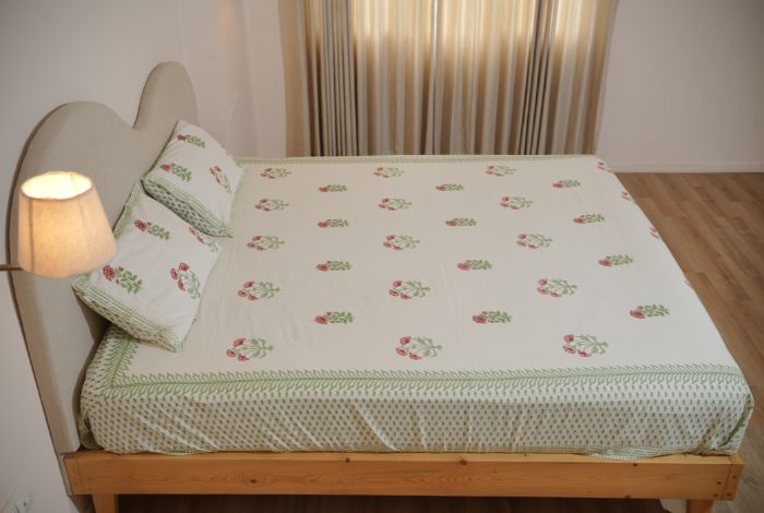 Green Mughal Buta Hand Block Printed Bedsheet Set