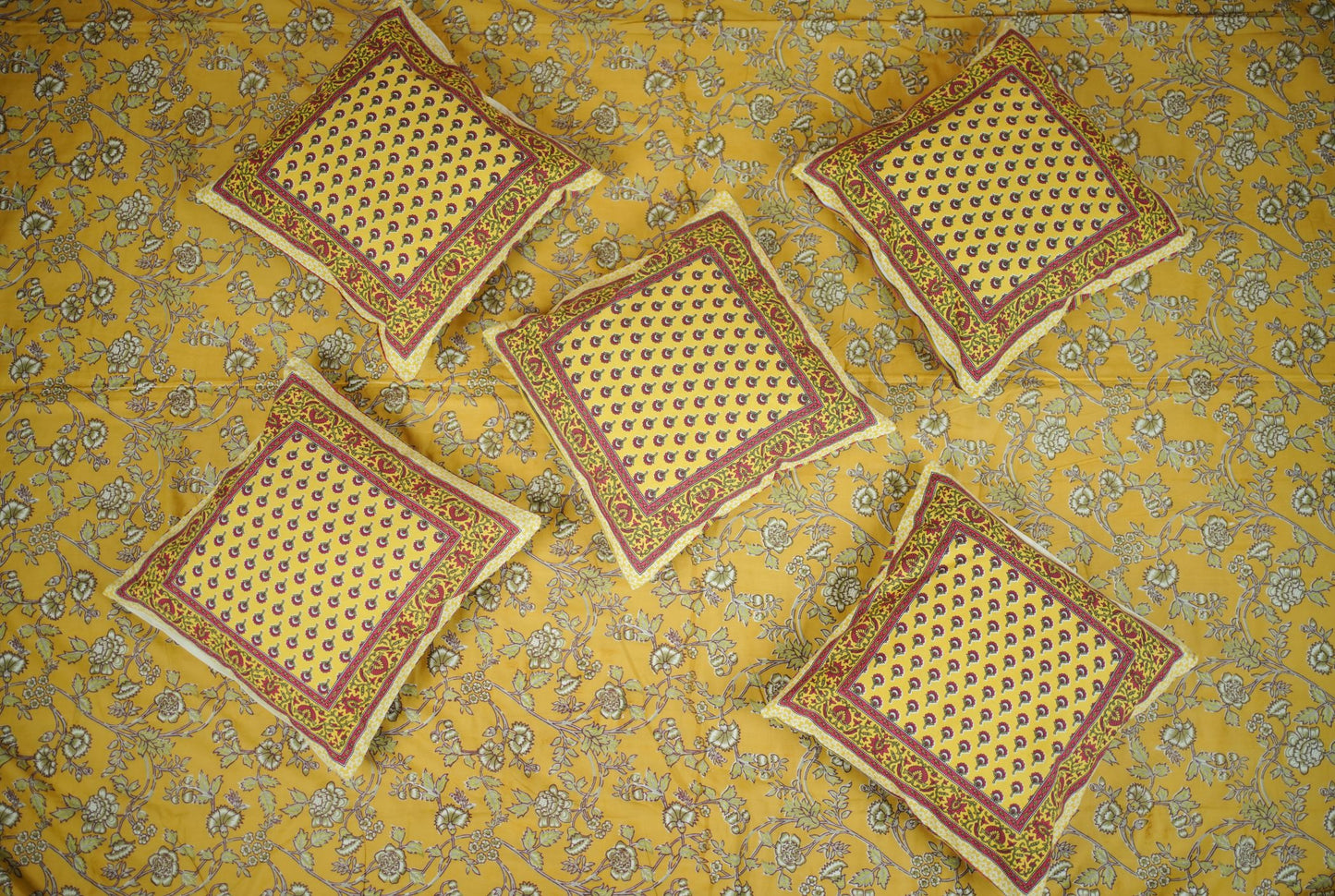 Mustard Floral Buti Hand Block Printed Cotton Cushion Covers (Set of 5)