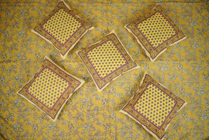 Mustard Floral Buti Hand Block Printed Cotton Cushion Covers (Set of 5)