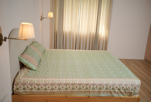 Sage green Shalimar Hand Block Printed Cotton Bedsheet Set