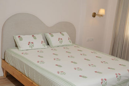 Green Mughal Buta Hand Block Printed Bedsheet Set