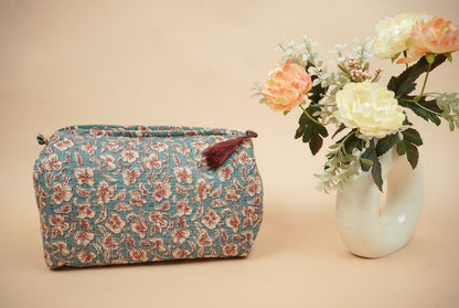Teal Blue Quilted Cotton Travel Pouch Set (Set of 3)