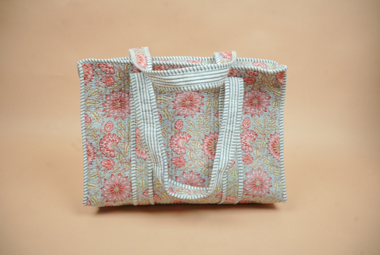 Teal Indigo Quilted Cotton Tote Bag (Floral Jaal Print)