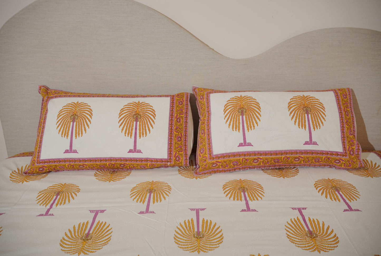 Yellow Palm Hand Block Printed Bedsheet with Reversible Dohar Set