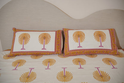 Yellow Palm Hand Block Printed Bedsheet with Reversible Dohar Set