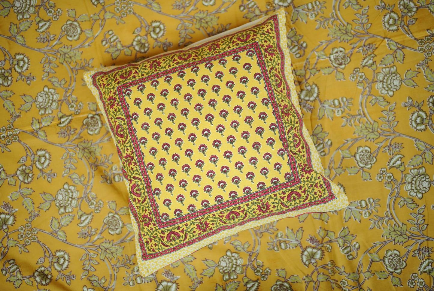 Mustard Floral Buti Hand Block Printed Cotton Cushion Covers (Set of 5)