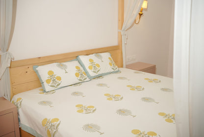 Yellow Mughal Buta Hand Block Printed Bedsheet Set