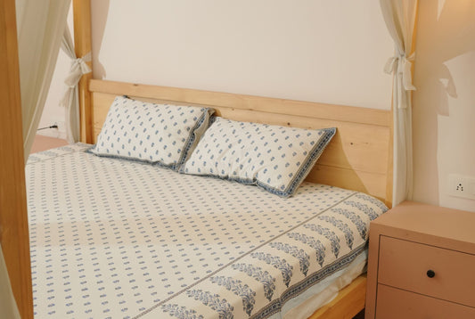 Blue Hand Block Printed King Bedsheet with Reversible Dohar Set