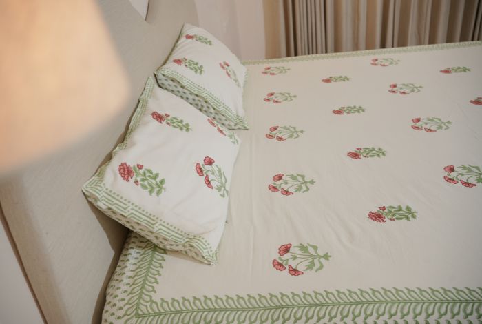 Green Mughal Buta Hand Block Printed Bedsheet Set