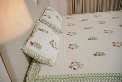 Green Mughal Buta Hand Block Printed Bedsheet Set