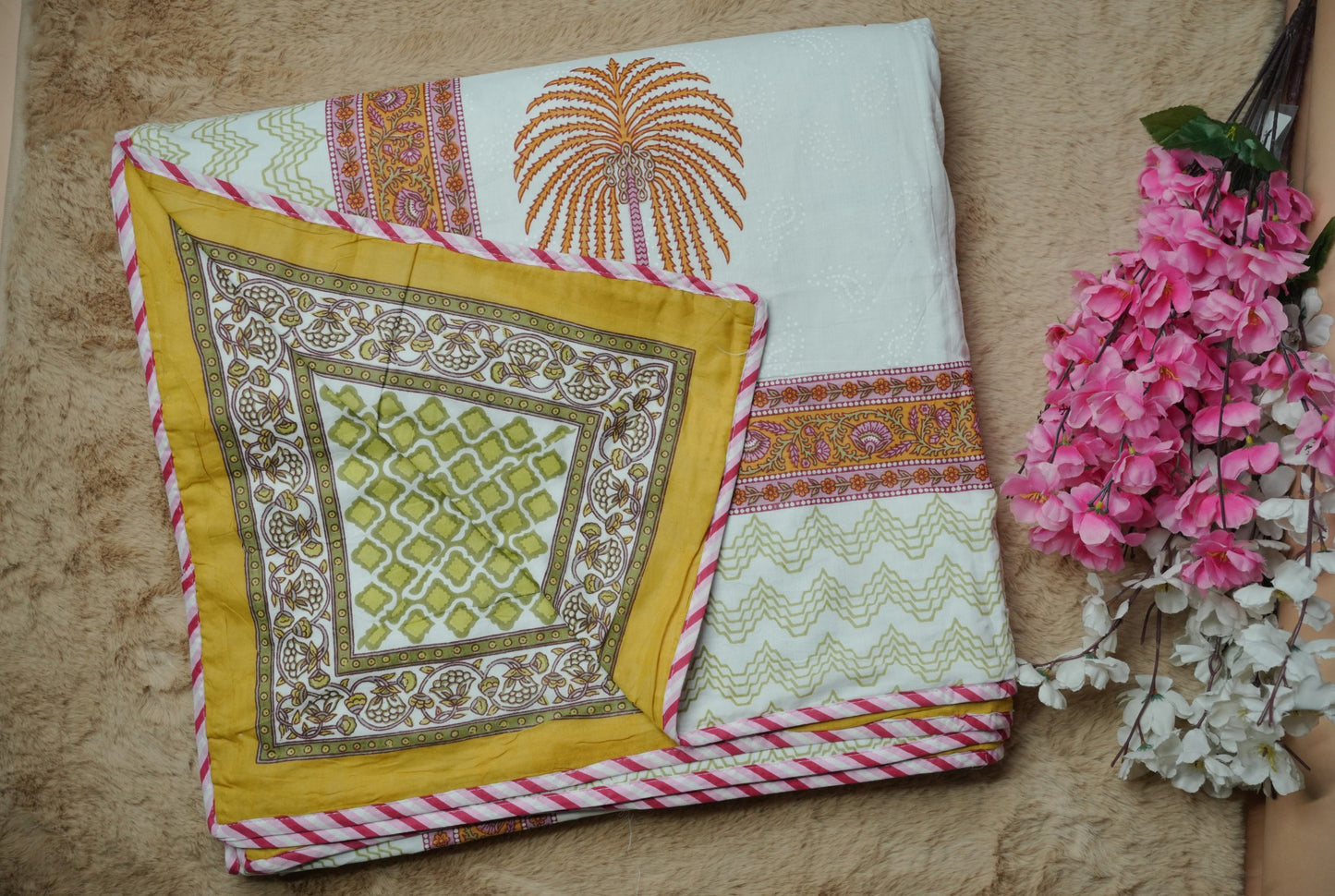 Yellow Palm Hand Block Printed Bedsheet with Reversible Dohar Set