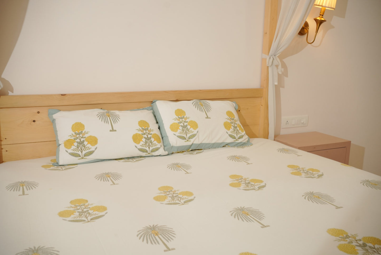 Yellow Mughal Buta Hand Block Printed Bedsheet Set