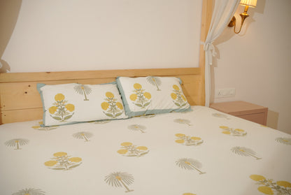 Yellow Mughal Buta Hand Block Printed Bedsheet Set