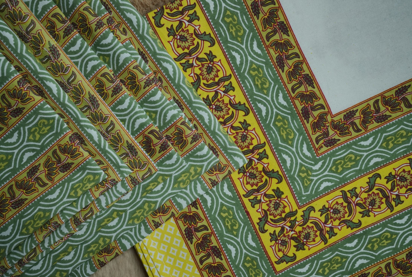 Yellow Mughal Buta Table Cover Set with 6 Napkins