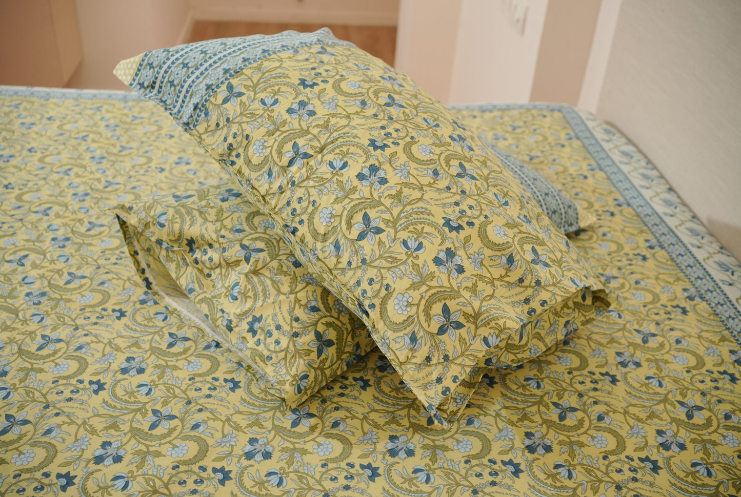 Mustard Yellow Shalimar Hand Block Printed Cotton Bedsheet Set