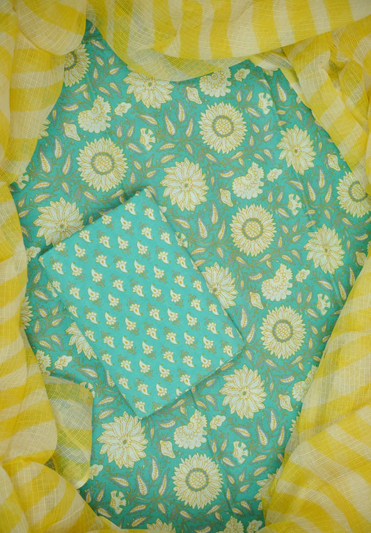 Teal Hand Block Printed Cotton Suit Set with Kota Doria Dupatta
