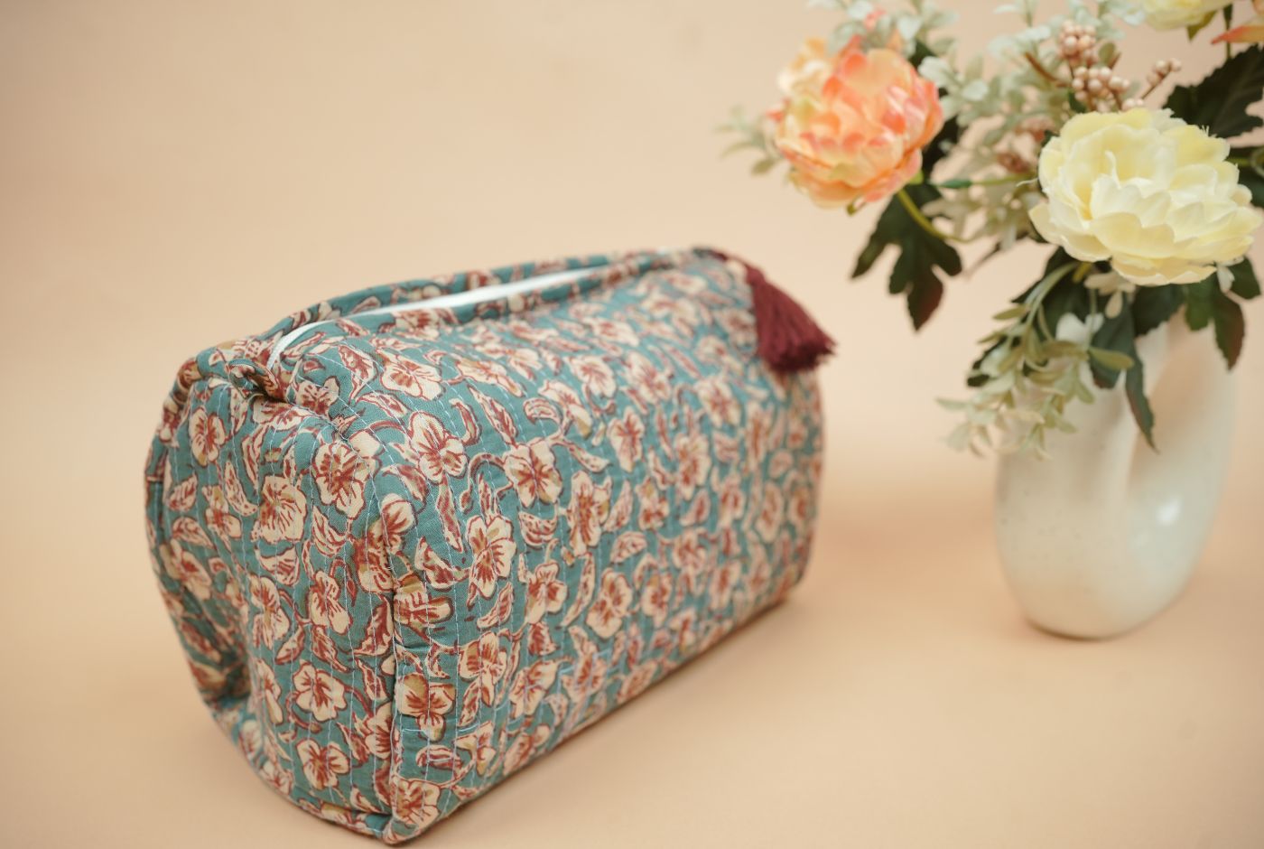 Teal Blue Quilted Cotton Travel Pouch Set (Set of 3)