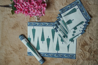 Blue & Grey Hand Block Printed Table Mat & Napkin Set