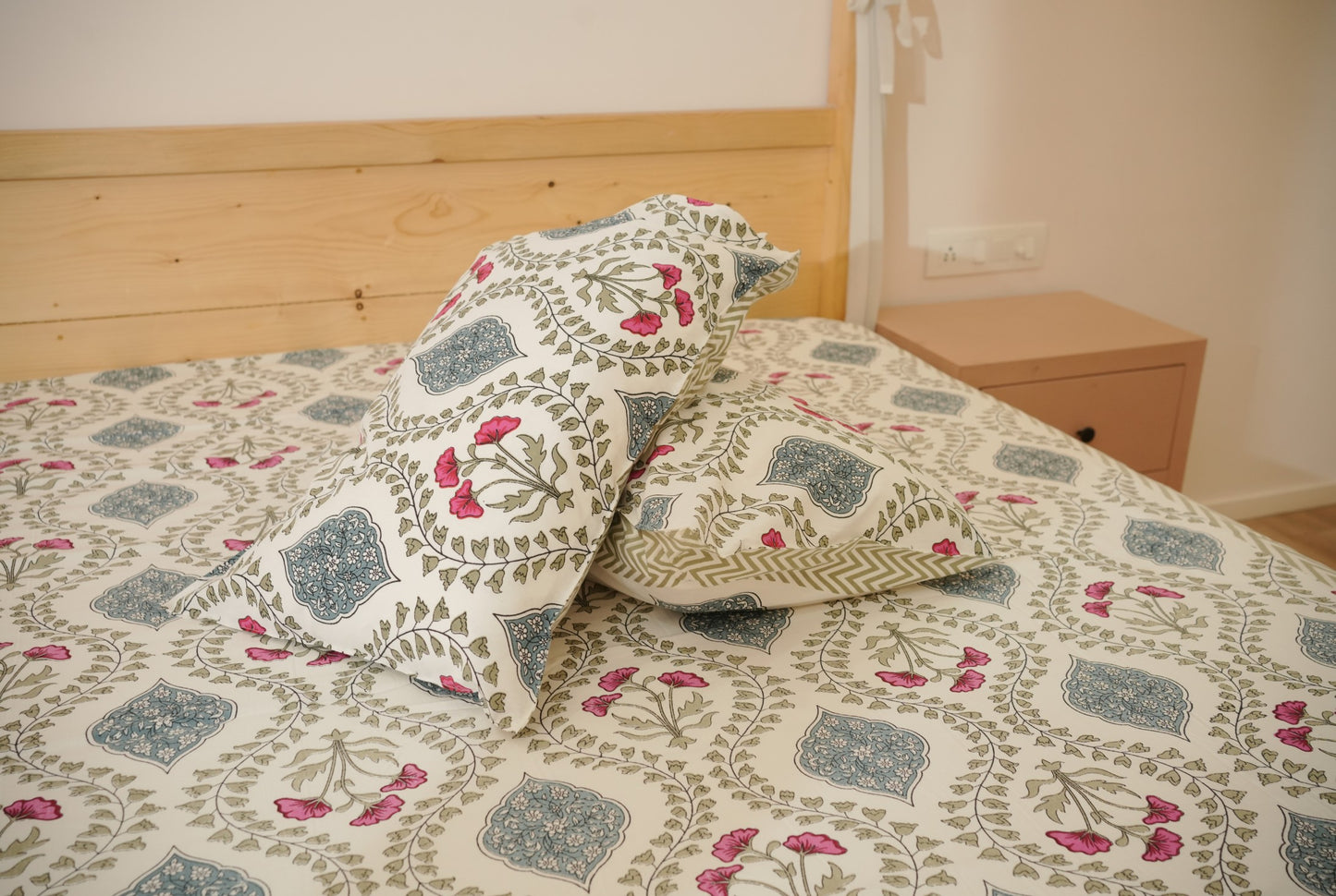 Blue Jaal Hand Block Printed Cotton Bedsheet Set