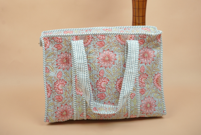 Teal Indigo Quilted Cotton Tote Bag (Floral Jaal Print)
