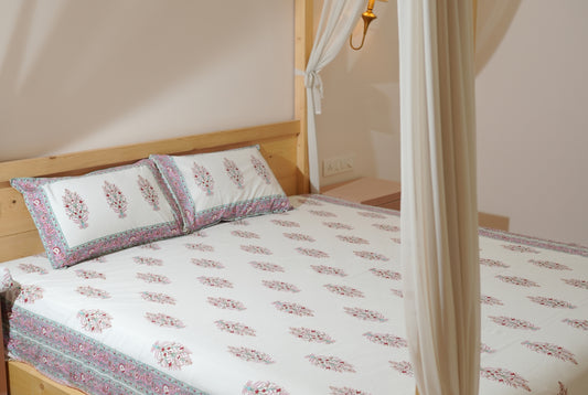 Hand Block Printed King Bedsheet with Reversible Dohar Set